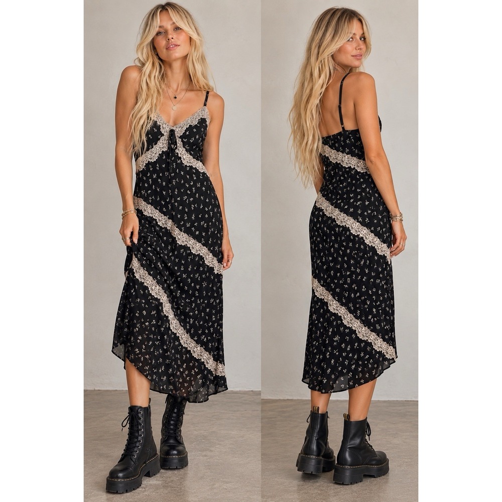 Fairy Grunge Asymmetric Maxi Floral Babydoll Slip Dress Lace Tiered Bow Black L